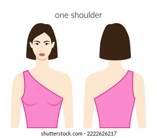 Un hombro de ropa de tanque de cuello de hombro personaje hermosa dama de la parte superior rosa, camisa, vestimenta técnica ilustración de la moda encajada cuerpo. Plantilla plana de prendas delanteras, laterales traseros. Mujeres, hombres unisex CAD mockup