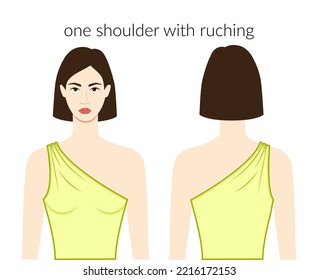 One Shoulder With Ruching Neckline Clothes Character Beautiful Lady In Yellow Top, Shirt, Dress Technical Fashion Illustration With Fitted Body. Flat Apparel Template. Women, Men Unisex CAD Mockup