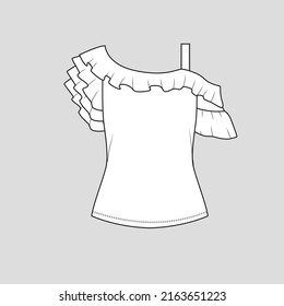 One Shoulder ruffles Strap top layered ruffle sleeve  top t shirt blouse Fashion clothing outline flat sketch technical drawing template design vector