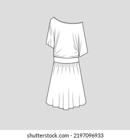 One Shoulder Skew Neck Dress Off Shoulder waist gathering Fashion Design template mock up cad  flat sketch drawing