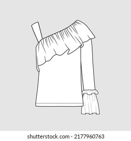 One Shoulder One Sleeve Ruffles top one strap long bell sleeve  t shirt top blouse fashion flat Sketch technical drawing template design vector