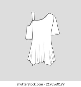 One Shoulder Strap Asymmetrical hem top Fashion flat sketch Template technical Drawing Cad mock up vector