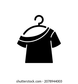 One shoulder t shirt black glyph icon. Trendy comfy outfit for women. Female garment for lounging. Comfortable homewear and sleepwear. Silhouette symbol on white space. Vector isolated illustration