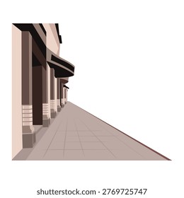 One side of an old street, a house with columns, antique trim, and a sidewalk, drawn in perspective. Hand-drawn vector illustration on a white background.