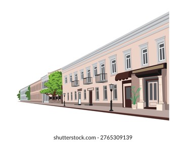 One side of an old street in a modern city with houses, small shops, a road, and sidewalks, drawn in perspective. Hand-drawn vector illustration on a white background.