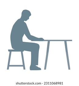 One silhouette sitting at desk, working hard icon isolated