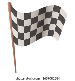 One simple black and white checkered flag with brown pin isolated on white background vector illustration.