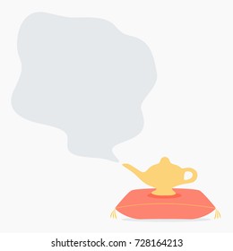 ein einfaches, sauberes, modernes Vektorillustration-Symbol aus Gold oder Messing. sauberes altes, modernes goldenes Aladdin oder Genie's Wunschlampe einzeln Cartoon-Flachdesign auf rotem königlichem Kissen oder Kissen mit Platz für Text