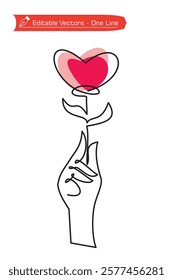 One simple continuous line drawing of fingers, heart shaped flower stem on pink background and leaves. Vector illustration of hand and heart line art symbol of love, affection, hope, passion and care.