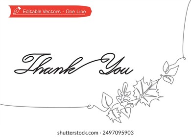 One simple continuous line handwritten Thank You letter calligraphy concept with autumn leaves frame bottom right. One line Thank You lettering and autumn leaves decoration for greeting card.