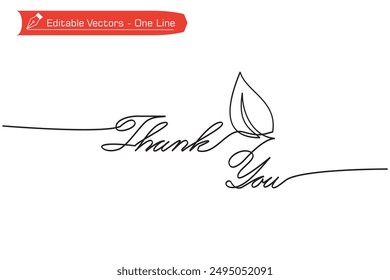 One simple continuous line of Thank You letters and leaf isolated on vertical white background. Vector illustration of single line handwritten lettering Thank You for gift card, greeting, parcel.