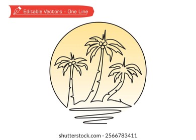 One simple line drawing of three coconut trees on the coast with a circle frame. Vector illustration of one continuous line drawing of coconut trees and a circle as a beach scene icon. Beach vacation.