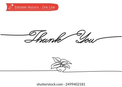 One simple line of handwritten Thank You letter and editable potted plant decoration. Vector illustration of one line lettering Thank you and potted plant for business card, greeting and banner.