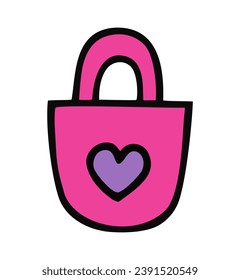 One simple pink handbag icon with heart shape. Pink color. Isolated on white background. Doodle icon