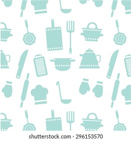 One simple, seamless pattern, background with blue cooking utensils with white dots - knife, tea pot, ladle, roller, cooking cap, for, potholders, retro design