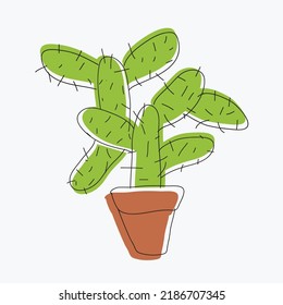 one simple sketching of green thorny cactus in a flowerpot flat design. doodle or drwan of Desert plant flora icon in a top vector. botanical garden cartoon isolated. cute houseplant in the summer art