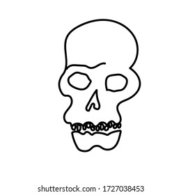 One simple terrible skull for halloween.Scary illustration bones of hand drawn with a black line doodle style.Design for packaging,card,web,social networks,print,backgrounds,coloring.