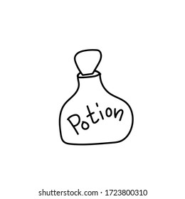 One simple terrible small bottle potion for halloween.Scary illustration of hand drawn with a black line.Poison style doodle. Design for packaging, card, web, social networks, print, backgrounds.