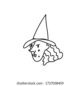 One simple terrible witch for halloween.Scary illustration of hand drawn with a black line doodle style.Design for packaging,card,web,social networks,print,backgrounds,coloring.