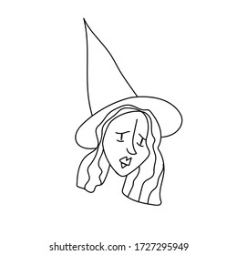 One simple terrible witch for halloween.Scary illustration of hand drawn with a black line doodle style.Design for packaging,card,web,social networks,print,backgrounds,coloring.