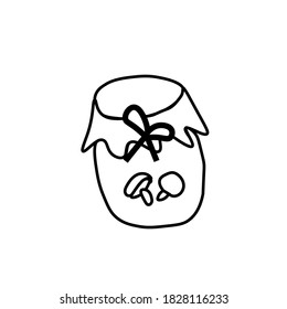 One simple vector bank with champignons in doodle style.Food illustration with black hand drawn line.Mushroom icon for cooking.Design for menus,advertising,packaging,posters,social networks,games.  
