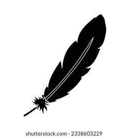 One single black colored feather vector illustration silhouette icon isolated on square white background. Simple flat light object with cartoon art style drawing.