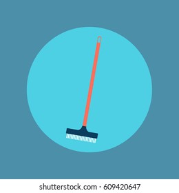 one single broom or sweeper sweeping vector icon illustration in a rounded circle on light blue flat design style background for website cleaning home or house