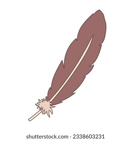 One single brown colored feather vector illustration isolated on square white background. Simple flat light object with cartoon art style drawing.