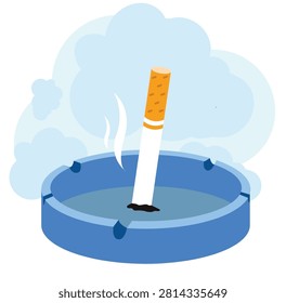 One single cigarette butt extinguished in the center of blue ashtray.