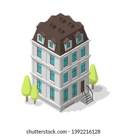 One single common building. Residential dwelling-house. Two-storey mansion. Classic style architecture. Vector Isometric illustration.