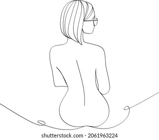 One single continuous drawing doodle art line hand drawn abstract portrait Woman girl sitting back. Flat Illustration
