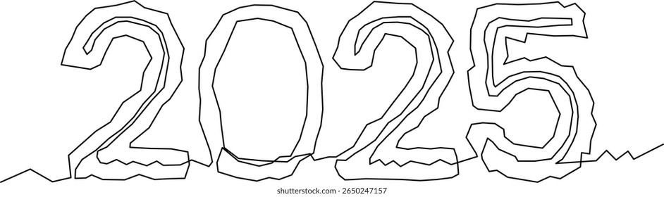 Un solo dibujo de línea continua del año 2025. Ilustración minimalista dibujada a mano en un estilo incompleto. Concepto para la tarjeta de felicitación, el calendario, el Anuncio, el cartel o la invitación del acontecimiento del año Nuevo feliz 2025
