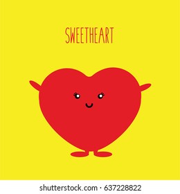 one single cool clean red heart simple character cute & sweet cartoon isolated & text - sweetheart. love gift & smiling face vector childish icon on yellow background flat design style. i love you