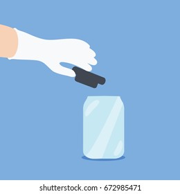 one single empty blank Jar glass cartoon & lid isolated. human hand with white glove on a isolated flat design style background for medical Science & development  vector