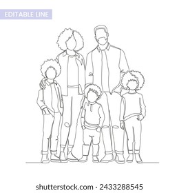 One single endless line large family group portrait, simple continuous contour, modern trendy style, vector illustration isolated on white. Mother, father and three kids