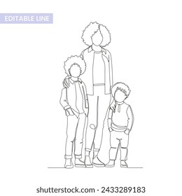 One single endless line single parent family group portrait, simple continuous contour, modern trendy style, vector illustration isolated on white. Single mother and two kids