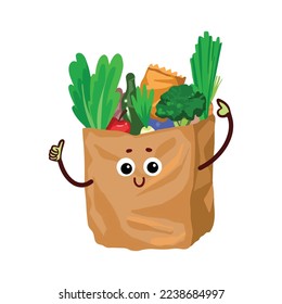 One single groceries paper bag character mascot with thumbs up pose vector illustration isolated on white background. Cartoon comic cute kawaii character artwork with simple flat style.