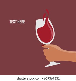 one single hand clinking cheers on a flat design style wineglass & splashing. Hand of a woman or female holding glass of red wine vector illustration with space & place to write - text here 