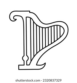 One single harp musical instrument vector icon outlined illustration isolated on square white background. Simple flat minimalist musical instruments items drawing.