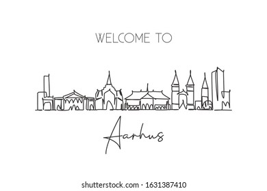 One single line drawing Aarhus city skyline, Denmark. World historical town landscape postcard. Best place holiday destination. Editable stroke trendy continuous line draw design vector illustration