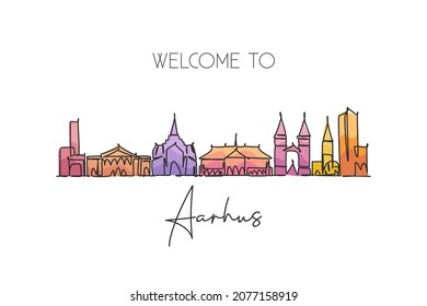 One single line drawing Aarhus city skyline, Denmark. World historical town landscape postcard. Best place holiday destination. Editable stroke trendy continuous line draw design vector illustration