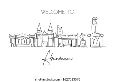 One single line drawing of Aberdeen city skyline, Scotland. Historical town landscape in the world. Best holiday destination wall decor poster. Trendy continuous line draw design vector illustration
