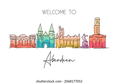 One single line drawing of Aberdeen city skyline, Scotland. Historical town landscape in the world. Best holiday destination wall decor poster. Trendy continuous line draw design vector illustration