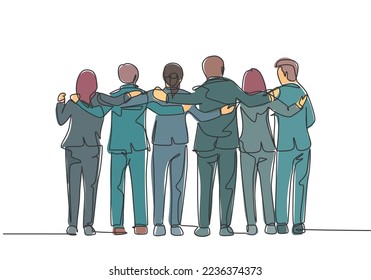 Eine einzige Zeile, in der die Gruppen von Männern und Frauen aus verschiedenen ethnischen Gruppen zusammengefasst werden, um ihre Freundschaftsbeziehungen zu zeigen. Unity in diversity-Konzept fortlaufende Linie zeichnen Design Vektorgrafik