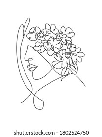 One single line drawing abstract face with natural flowers vector illustration. Beauty woman portrait minimalistic style concept for wall decor art print. Modern continuous line graphic draw design