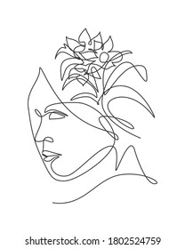 Una sola línea dibujando la cara abstracta con la ilustración vectorial de flores naturales. El concepto de estilo minimalista de la bella mujer retrato para la decoración de paredes de la impresión de arte. Diseño de dibujo gráfico de línea continua moderno