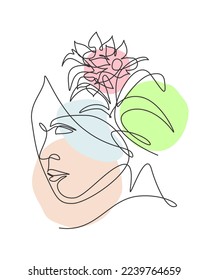 One single line drawing abstract face with natural flowers vector illustration. Beauty woman portrait minimalistic style concept for wall decor art print. Modern continuous line graphic draw design