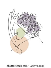 One single line drawing abstract face with natural flowers vector illustration. Beauty woman portrait minimalistic style concept for wall decor art print. Modern continuous line graphic draw design