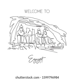 One single line drawing Abu Simbel landmark. Famous iconic in Egyptian village Nubia. Tourism travel postcard home wall decor art poster concept. Modern continuous line draw design vector illustration