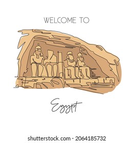 One single line drawing Abu Simbel landmark. Famous iconic in Egyptian village Nubia. Tourism travel postcard home wall decor art poster concept. Modern continuous line draw design vector illustration